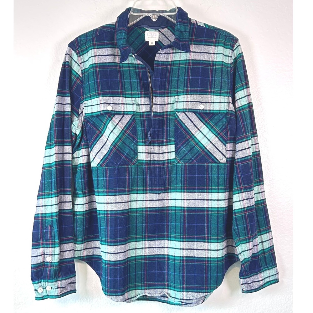 J.Crew Cabincore Green Plaid Flannel Quarter Zip Popover Shirt Size M